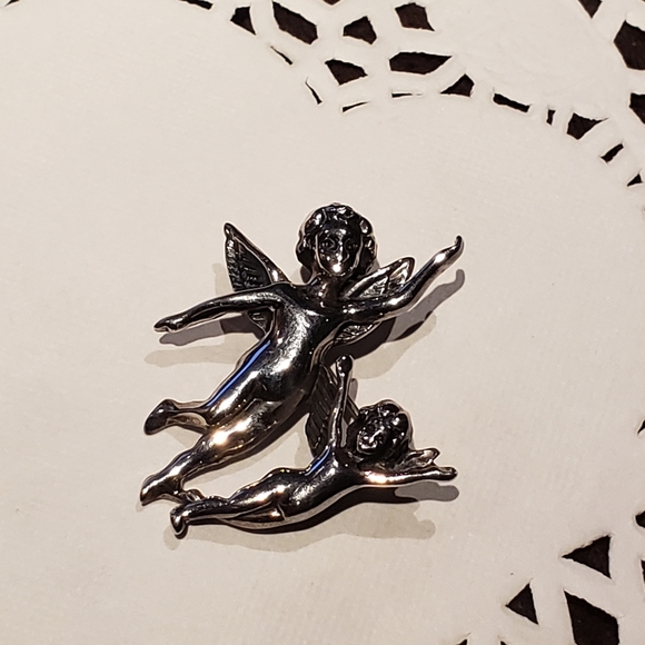 Sterling Angels Cherub pair Pin Brooch - Picture 9 of 10